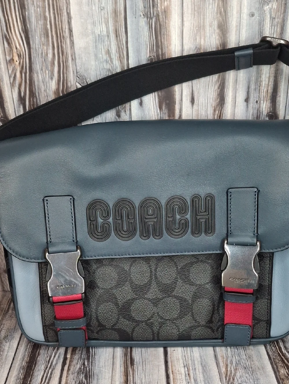 Coach Track Crossbody Navy Blue & Black Signature Coated Canvas - Picture 2 of 12